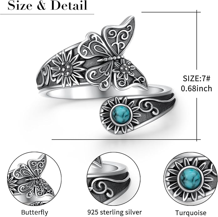 925 Sterling Silver Spoon Rings Butterfly/Dragonfly/Hummingbird/Cross Adjustable Sunflower Thumb Ring For Women Turquoise Boho Ring Vintage Rings Unique Jewelry Present for Christmas Mother's Day