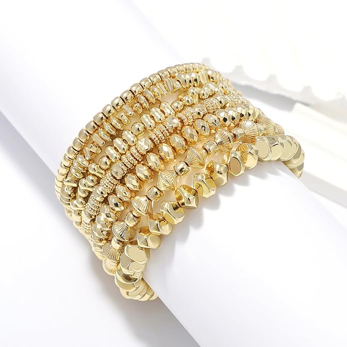 Gold Plated Beaded Bracelets for Women Trendy, 14K Gold Plated Stack Cross Pearl Gold Plated Bead Stretch Bracelets Set Elastic Hypoallergenic Bracelets Jewelry Gifts