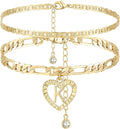 YANODA Initial Ankle Bracelets for Women 14K Gold Plated Layered Figaro Chain Letter Initial Anklets Handmade Layered Heart Ankle Bracelets Personalized Jewelry for Women