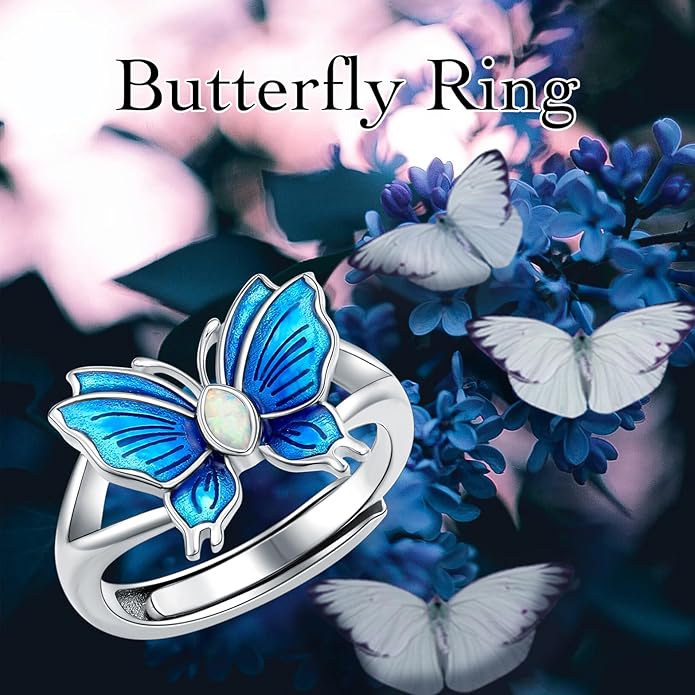 Sterling Silver Blue Butterfly Opal Rings for Women,Butterfly Open Ring Butterfly Ring Butterfly Adjustable Ring Opal Ring Jewelry Gift for Hers Ring Adjustable Size 6-9-1