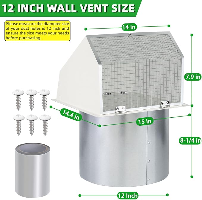 12 Inch Hooded Wall Vent with Screen and Damper, Outdoor Wall Exhaust Vent - Image 2