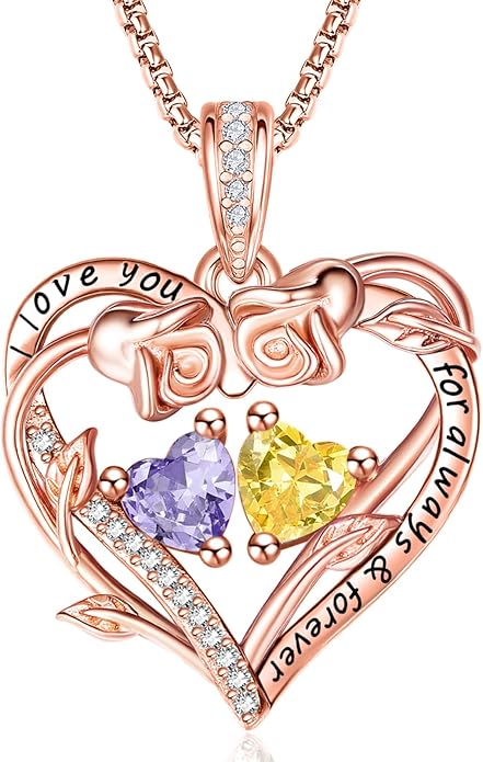 Rose Heart Necklaces for Women, Rose Gold Forever Love Jewelry with 2 Birthstones Pendant,Valentines Anniversarry Birthday Gifts for Her Wife Mom Grandma Daughter, 18+2 Inch Chain