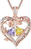 Rose Heart Necklaces for Women, Rose Gold Forever Love Jewelry with 2 Birthstones Pendant,Valentines Anniversarry Birthday Gifts for Her Wife Mom Grandma Daughter, 18+2 Inch Chain
