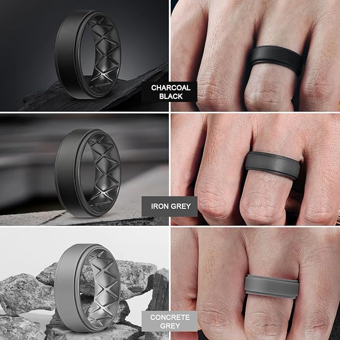 Egnaro Silicone Rings for Men 1/4/5/6/7 Multipack of Breathable Mens Silicone Rubber Wedding Rings Bands - Step Edge