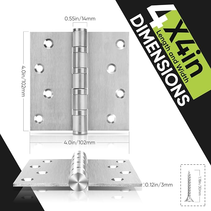 3 Pack Ball Bearing Door Hinges, 4in x 4in Heavy Duty Stainless Steel Door - Image 4