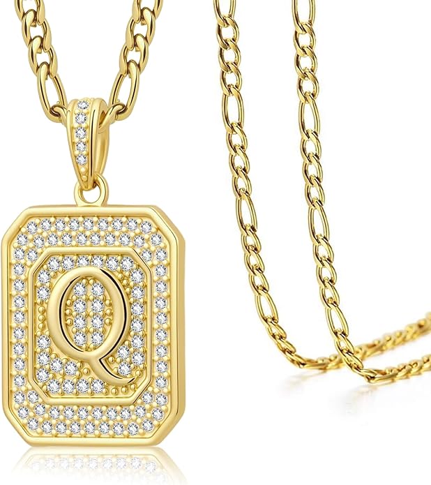 Initial Letter Pendant Necklace for Men Women, 14K Gold Square Monogram Alphabet Necklace with Figaro Chain, Valentines Day Birthday Gifts for Him Her