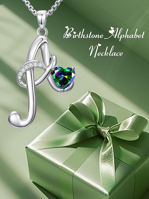 Valentines Day Gifts for Women Alphabet A to Z Initial Birthstone Pendant Necklaces for Women - 18k White Gold Plated Personalized Name Jewelry Valentine Mothers Day Birthday Gifts for Women Her Girlfriend