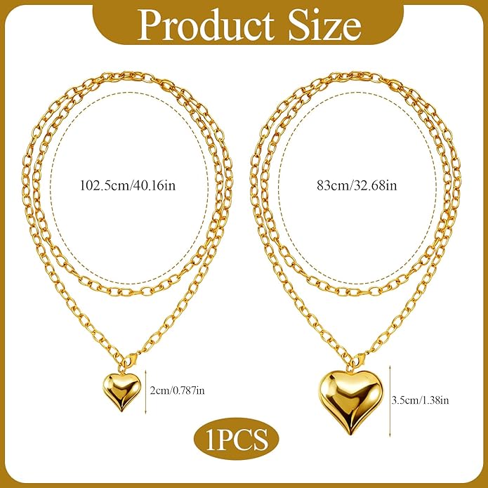 16k Gold Plated Chunky Statement Necklace for Women, Bold Thick Layered Puffy Heart Design, Long Gold Jewelry, Trendy Women's Fashion Necklace