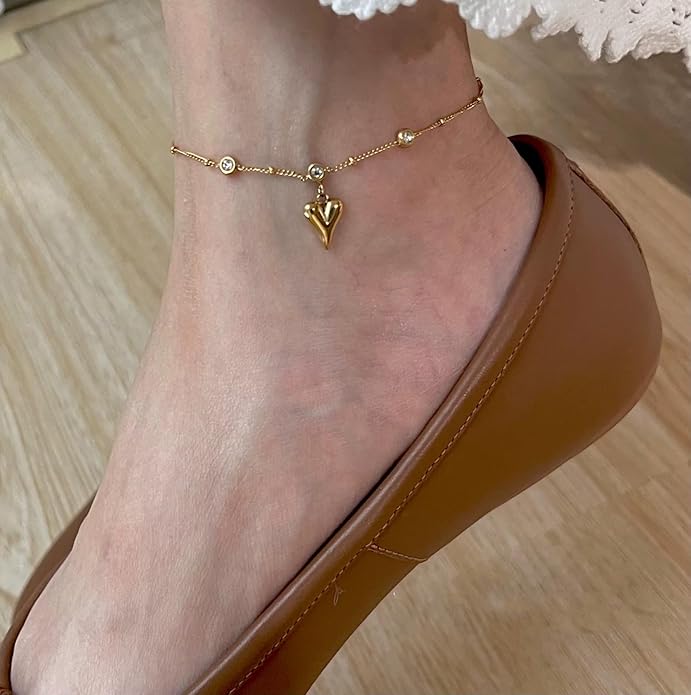 Dainty Ankle Bracelets for Women Waterproof, 14K Gold/Silver Plated Anklets for Women Non Tarnish Layered Shiny CZ Heart Charm Satellite Rope Herringbone Anklet Trendy Summer Beach Jewelry Gift