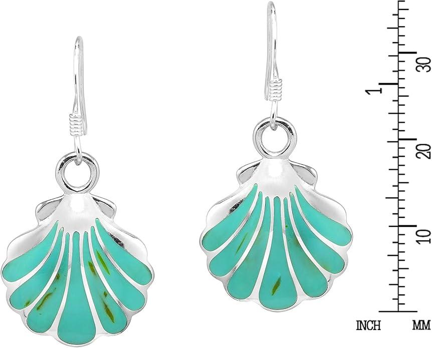 AeraVida Ocean Inspired Beach Style Seashell Shaped .925 Sterling Silver with Simulated Green Turquoise Inlays Boho Chic Fishhook Dangle Earrings