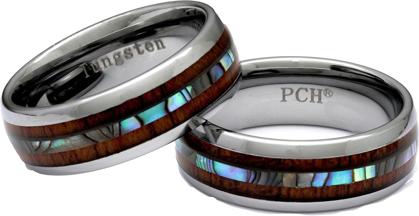 Tungsten Ring Hawaiian Koa Wood Abalone 8mm Comfort Fit Band