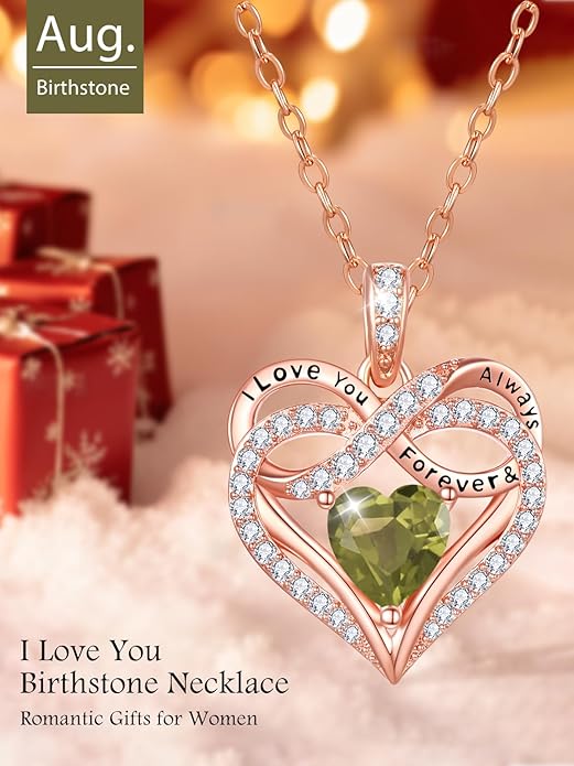 Infinity Rose Gold Valentines Heart Birthstone Necklace for Women,I Love You Always and Forever Jewelry,Valentines Anniversary Birthday Gifts for Her Wife Mom Grandma Daughter