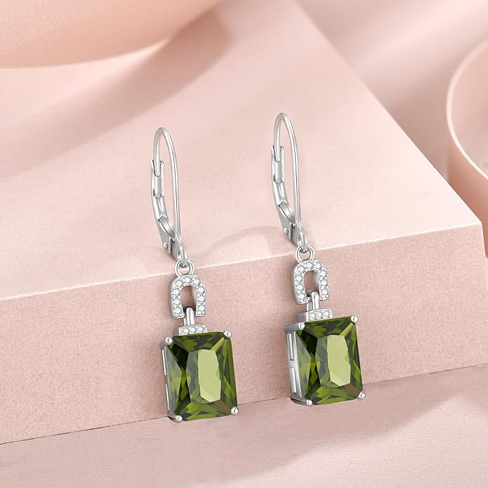 Emerald Cut Earrings 925 Sterling Silver Baguette Birthstone Dangle Drop Leverback Earrings Jewelry Gifts for Women