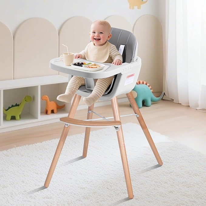 High Chairs for Babies and Toddlers,3 in 1 Convertible Wooden highchair, Baby High Chair with Adjustable Legs,5 Point Harness, Footrest, Dishwasher-Safe Tray & PU Leather Cushion, Gray