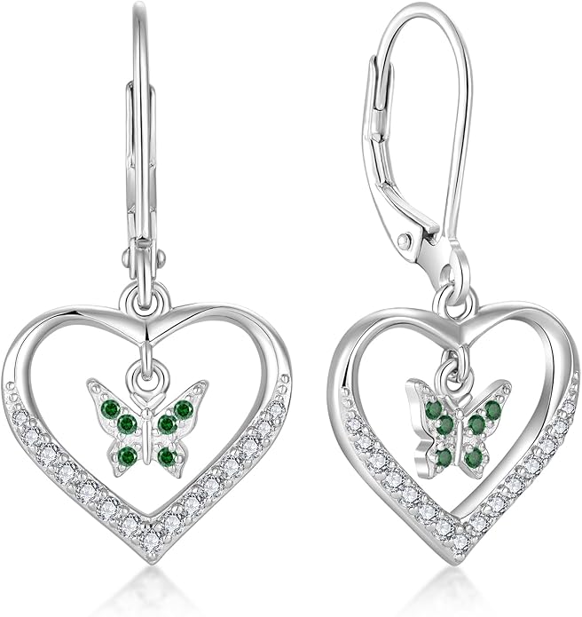 Butterfly Birthstone Heart Dangle Drop Earrings, 925 Strlings Silver 5A Cubic Zircon Leverback Earrings Jewelry Anniversary Birthday Gifts for Women