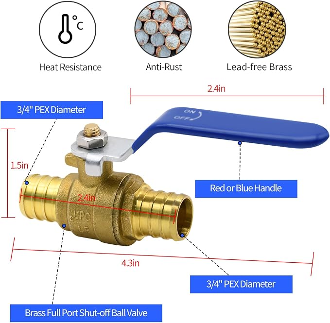 4pcs 3/4" PEX Brass Full Port Shut Off Ball Valve, HOT COLD | - Image 2