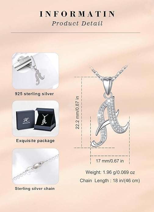 AEONSLOVE 925 Sterling Silver Initial Necklaces for Women, 26 Letters Pendants Necklace Gift for Mother, Daughter, Wife, 18 Inch Chain