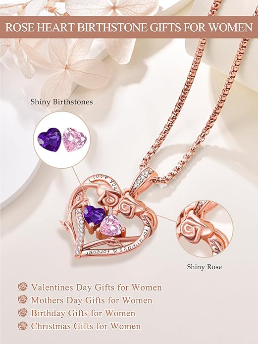 Rose Heart Necklaces for Women, Rose Gold Forever Love Jewelry with 2 Birthstones Pendant,Valentines Anniversarry Birthday Gifts for Her Wife Mom Grandma Daughter, 18+2 Inch Chain