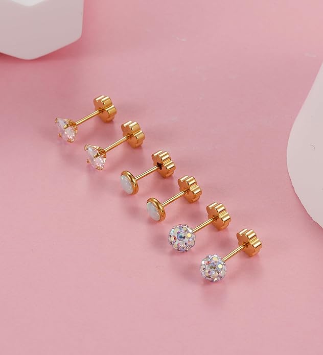4Pairs 14K Gold Stud Earrings for Women Girls 316L Stainless Steel Hypoallergenic Earrings 20G Flat Back Handmade Nap Earrings Cute Screw Back Opal Heart Star Cartilage Earrings