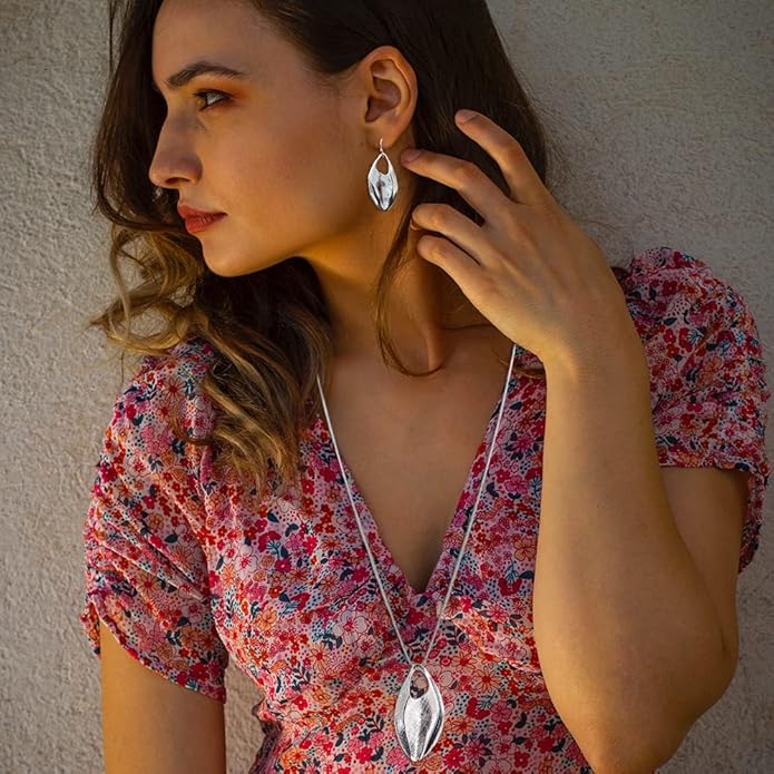 Madison Tyler Gold Plated Jewelry Set for Women | Silver Teardrop Pendant Necklace Trendy | Long Necklace with Snake Chain | Fashion Dangle Earring Set