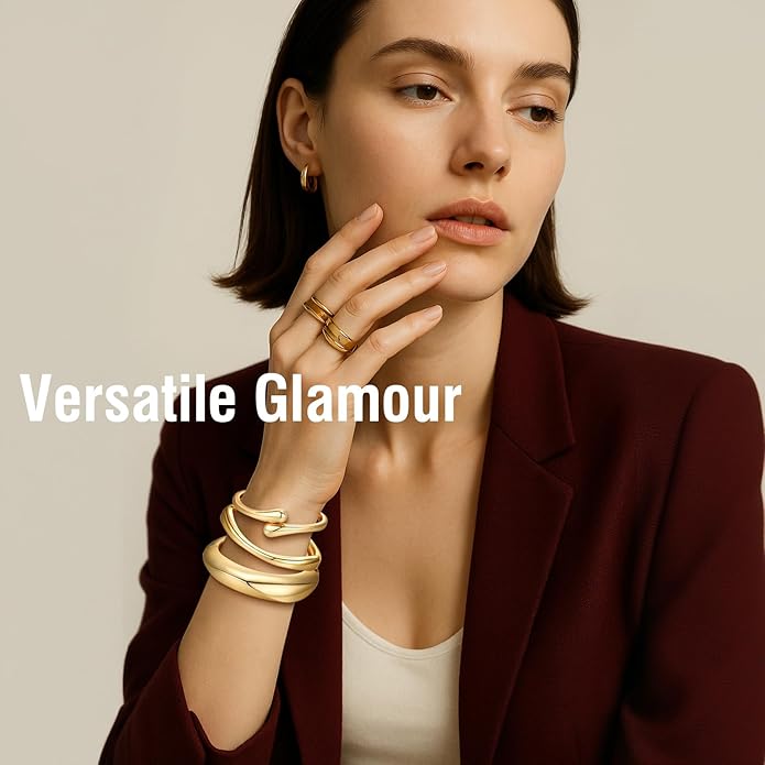 Chunky Gold Bangle Bracelets for Women Trendy 14K Gold Plated Cuff Bracelets Stack, Dainty Bracelet Sets Fashion Jewelry Gift