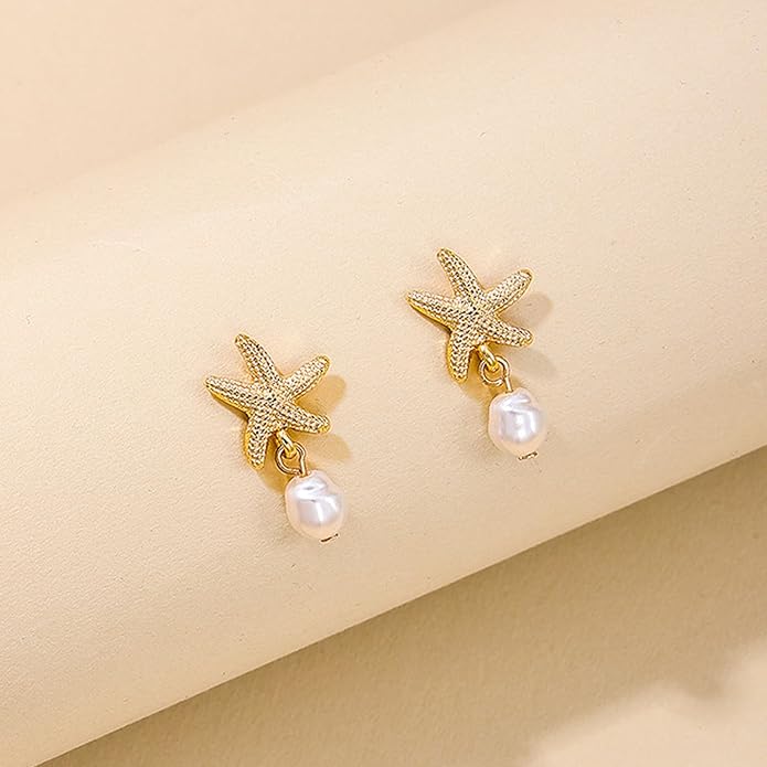 Seashell Starfish Earrings Beach Jewelry for Women Pearl Drop Shell Earrings Ocean Beachy Fashion Accessories Womens Summer Outfits 2026 Tropical Vacation Outfits Beach Vacation Clothes Dresses