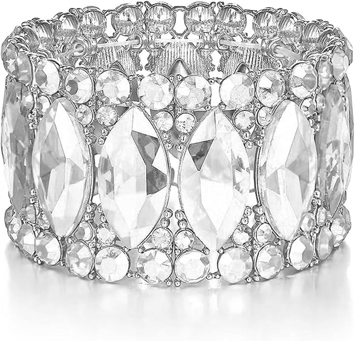 Women’s Elegant Wedding Bridal Crystal Double Row Marquise-Shape Leaf Stretch Bangle Bracelet Bride Jewelry for Women
