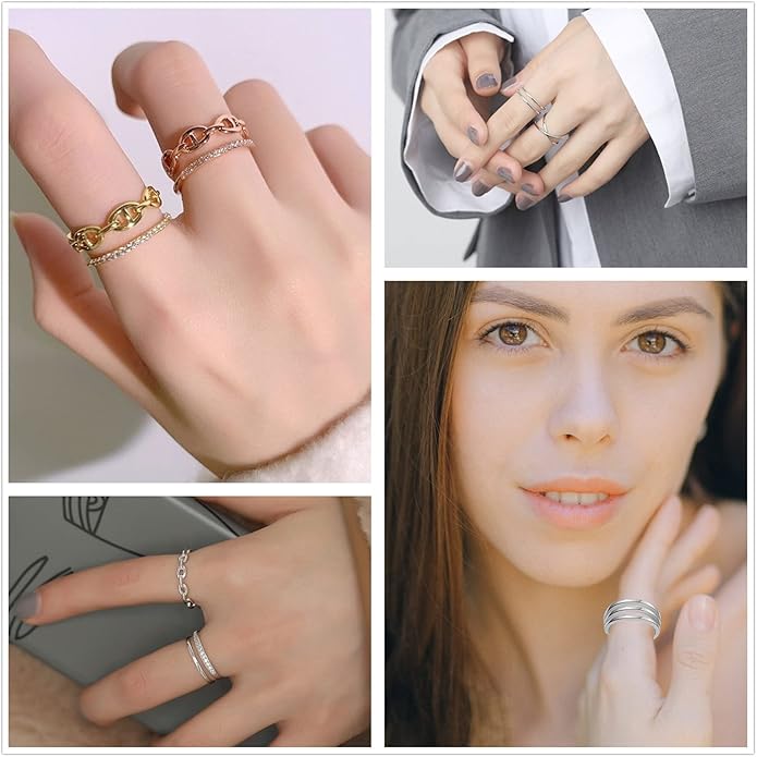 Honsny 12PCS Silver Plated Rings Adjustable Open Rings for Women Cute Gold Plated Stackable Thumb Rings Joint Chain Midi FingerArrow Knot Wave Band Rings Set