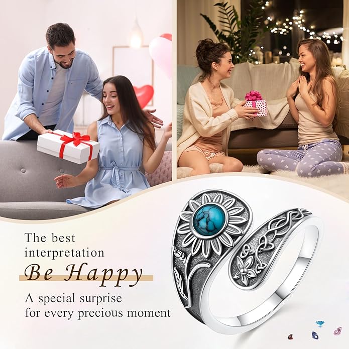 925 Sterling Silver Hummingbird/Sunflower Turquoise/Moonstone/Lily of the Valley Flower Spoon Ring Adjustable Open Ring Statement Thumb Ring Jewelry for Women
