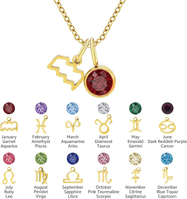 MISS RIGHT Initial Birthstone Necklace for Women - Personalized Gifts Birthday Gifts for Women Stainless Steel 18K Gold Plated Dainty Gold Zodiac Sign 12 Constellation Horoscope Necklace Jewelry