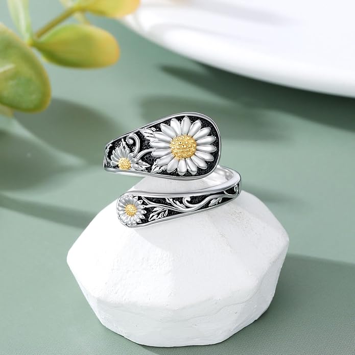 LOANGO Spoon Ring for Women 925 Sterling Silver Spoon Rings Adjustable Oxidized Vintage Thumb Rings Sunflower Hummingbird Butterfly Bee Cardinal Jewelry Gifts for Women Men