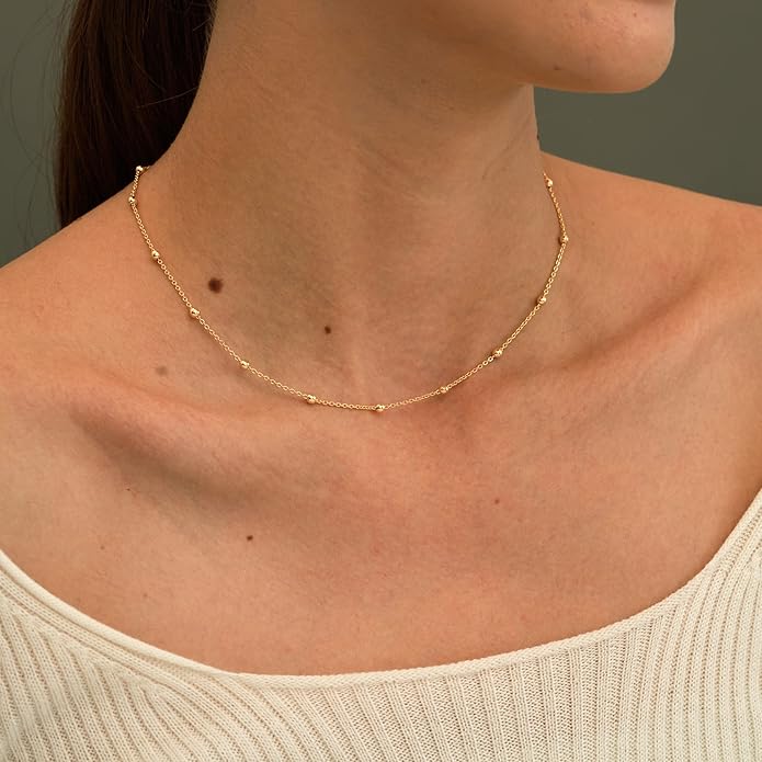 CHESKY 14k Gold Plated/Silver Plated Dainty Necklace for Women, Trendy Satellite Choker Necklace Thin Beaded Layered Choker Necklaces Discs Paperclip Chain Necklaces Womens Simple Jewelry