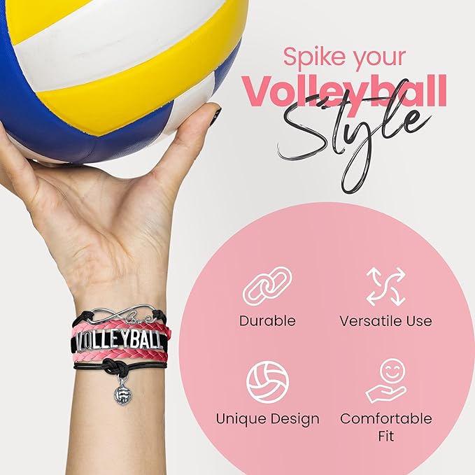 Volleyball Bracelets For Girls- Ideal Volleyball Gifts & Souvenirs. Adjustable Charm Bracelet with Moveable Letters, Infinity Symbol & Silver Volleyball Charm. Fashionable Bracelets by SportyBella.
