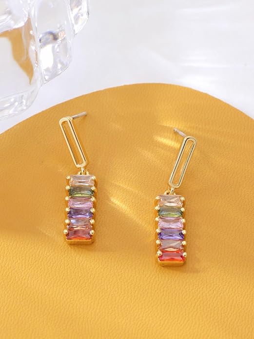 Colorful Zircon Dangle Earrings for Women18K Gold Plated Geometric Square Rainbow Sparkling Crystal S925 Sterling Silver Posts Hypoallergenic Dainty Multicolour Gemstone Drop Earrings