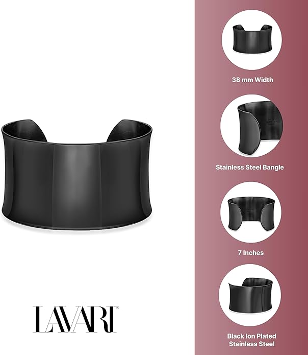 Lavari Jewelers 7 Inches Long Wide Open Cuff Bangle Bracelet for Women I 2.5 Inches in Diameter and 1.5 Inches in Height I Ion Plated Stainless Steel or Satin Finish Bangle for Her I Wide Bracelet