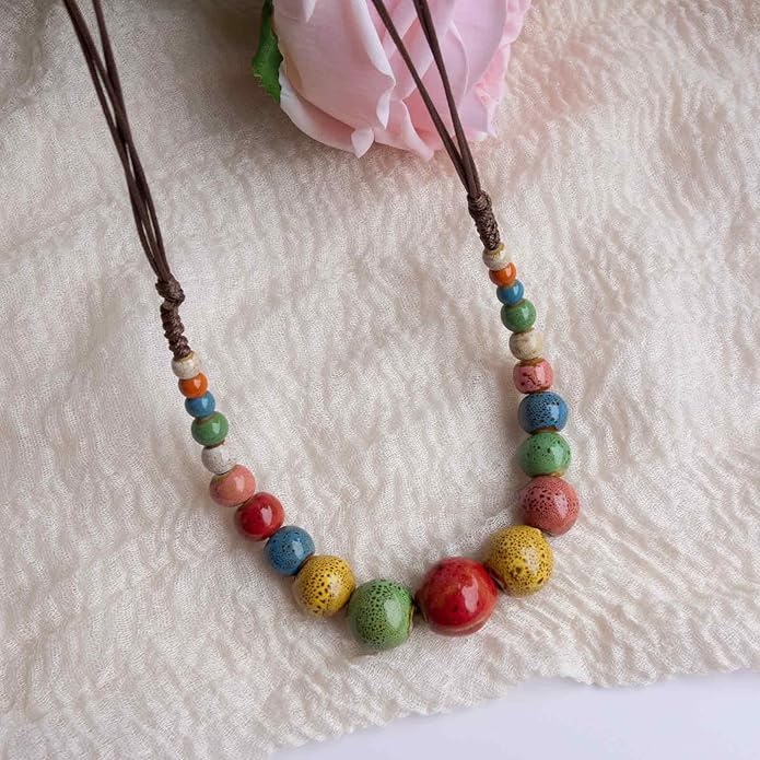 Boho Round Colorful Ceramic Beaded Necklace, Adjustable Hippie Statement Necklace, Handmade Ethnic Jewelry Gift for Women
