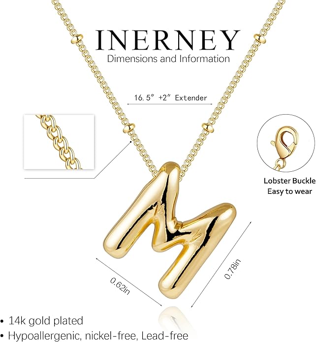 Inerney Valentines Day Gifts Gold Bubble Letter Necklace Initial Necklaces for Women, Chunky 14K Plated Balloon Initials, Trendy Charm Non Tarnish Custom Name Pendant Jewelry Gifts for Mom