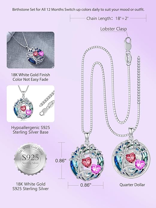 TOUPOP s925 Sterling Silver Family Celtic Tree of Life Pendant Necklaces with 2 Heart Birthstone with Blue Austrian Crystal Jewelry Birthday Valentines Day Gifts for Her, Anniversary Christmas Gifts for Wife Girlfriend Mom (18K Real White Gold Filled)