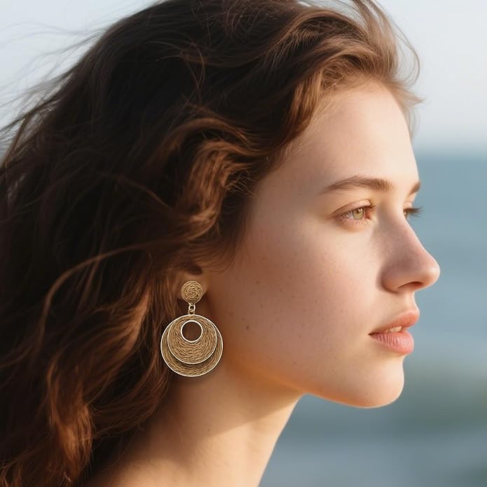 Raffia Hoop Earrings for Women - Boho Straw Wiker Dangle Drop Earrings for Summer Beach, Bohemian Trendy Rattan Jewelry
