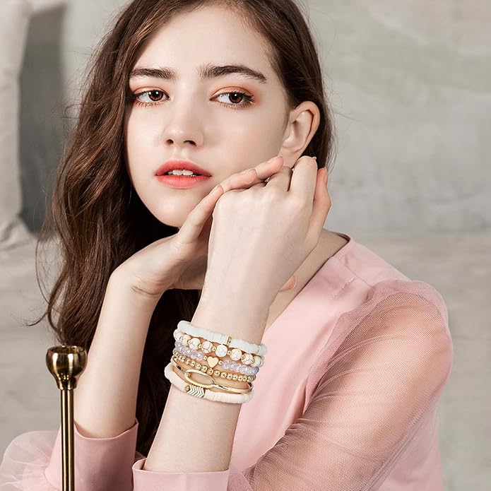 GOOJIDS Surfer Heishi Clay Bead Bracelets for Women Bohemian Stackable Gold Plated Beaded Stretch Bracelets Elastic Layering Friendship Bracelets Set Boho Jewelry