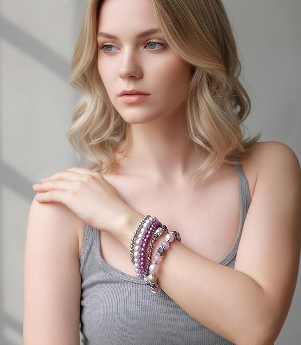 Noessla Beaded Pearl Stretch Bracelet Silver Stackable Crystal Beads Bracelets Trendy Costume Jewelry Mothers Day Gifts for Women