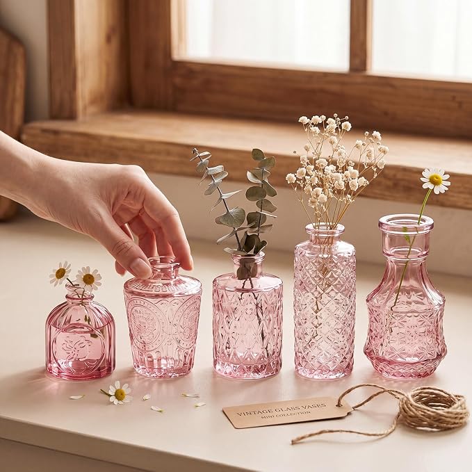Clear Pink Glass Bud Vase Set of 24 Pcs, Small Bud Vases in Bulk, Glass Crystal - Image 2