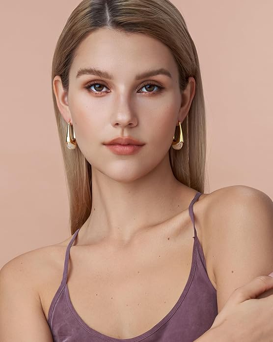 Long Oval Chunky Dangle 18K gold plated Hoops with Colored Resin Gemstone Statement Earrings for Women by SNGIA, (Green, Brown, Blue, Pink, White, Cream), Bold Drop Handmade Exaggerated Irregular Trendy Bohemian Jewelry Gifts, Unique Dangling Teardrop ...