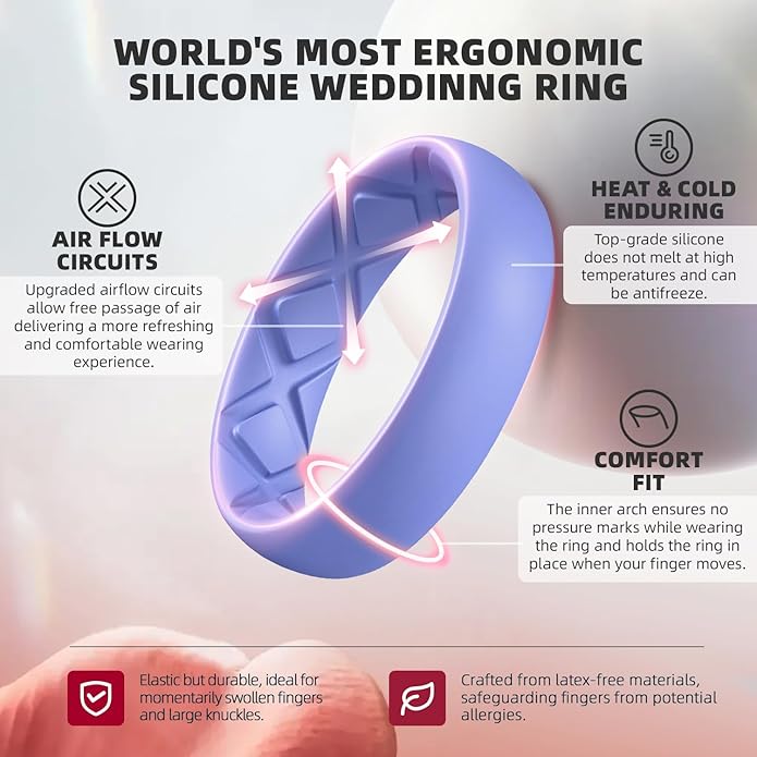 Egnaro Women's Bridal Rings Sets, Inner Arc Ergonomic Breathable Design Silicone Rubber Wedding Bands