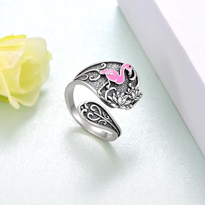 Spoon Rings for Women 925 Sterling Silver Hummingbird/Butterfly/Bee/Red Cardinal/Pink Flamingo Adjustable Thumb Rings Vintage Boho Antique Jewelry Gifts