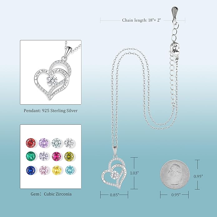 Birthday Gifts Double Heart Birthstone Necklace for Women, S925 Sterling Silver Pendant Necklace Jewelry for Her Mother Mom Wife Girlfriend
