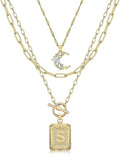 MJartoria Layered Initial Necklaces for Women Trendy, 14K Gold Plated Brass Simple Moon Choker Square Letter Pendant Necklace, Paperclip Chain Necklaces Jewelry Gifts