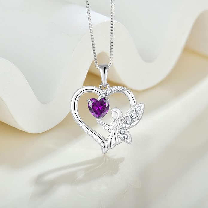 Guardian Angel Necklace 925 Sterling Silver Heart Angel Wings Pendant Birthstone Jewelry for Women