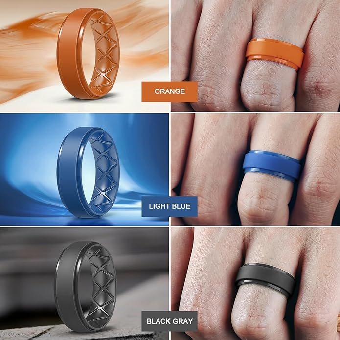 Egnaro Men's Rings 8.5mm Wide-2mm Thick Inner Arc Ergonomic Breathable Rubber Wedding bands-Hypoallergenic for Gym/Outdoor/Gift((1-7 Variety Pack with Half Size)