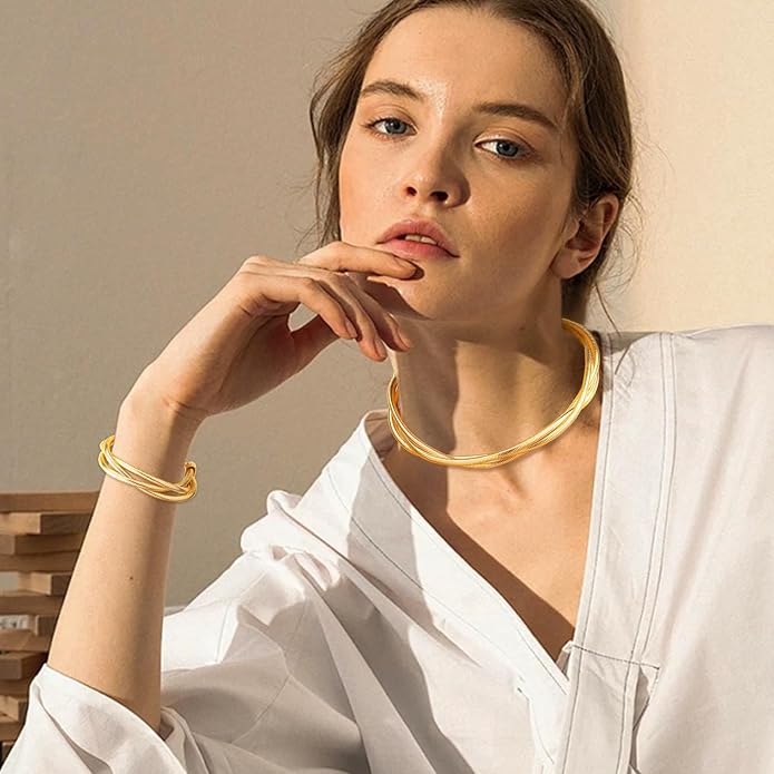YBMYCM Chunky Gold-plated Silver Jewelry Set Multi Strands Stainless Steel Choker Necklace Bracelet Set for Women